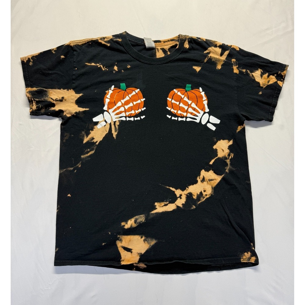 Gildan Heavy Cotton T‎ Shirt Womens L Black Tie Dye Boobs Pumpkin Skeleton Hand